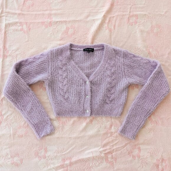 Cotton Candy Sweaters - Fuzzy Lavender Crop Cardigan Sweater Small Cable Knit Button Up Purple Pastel
